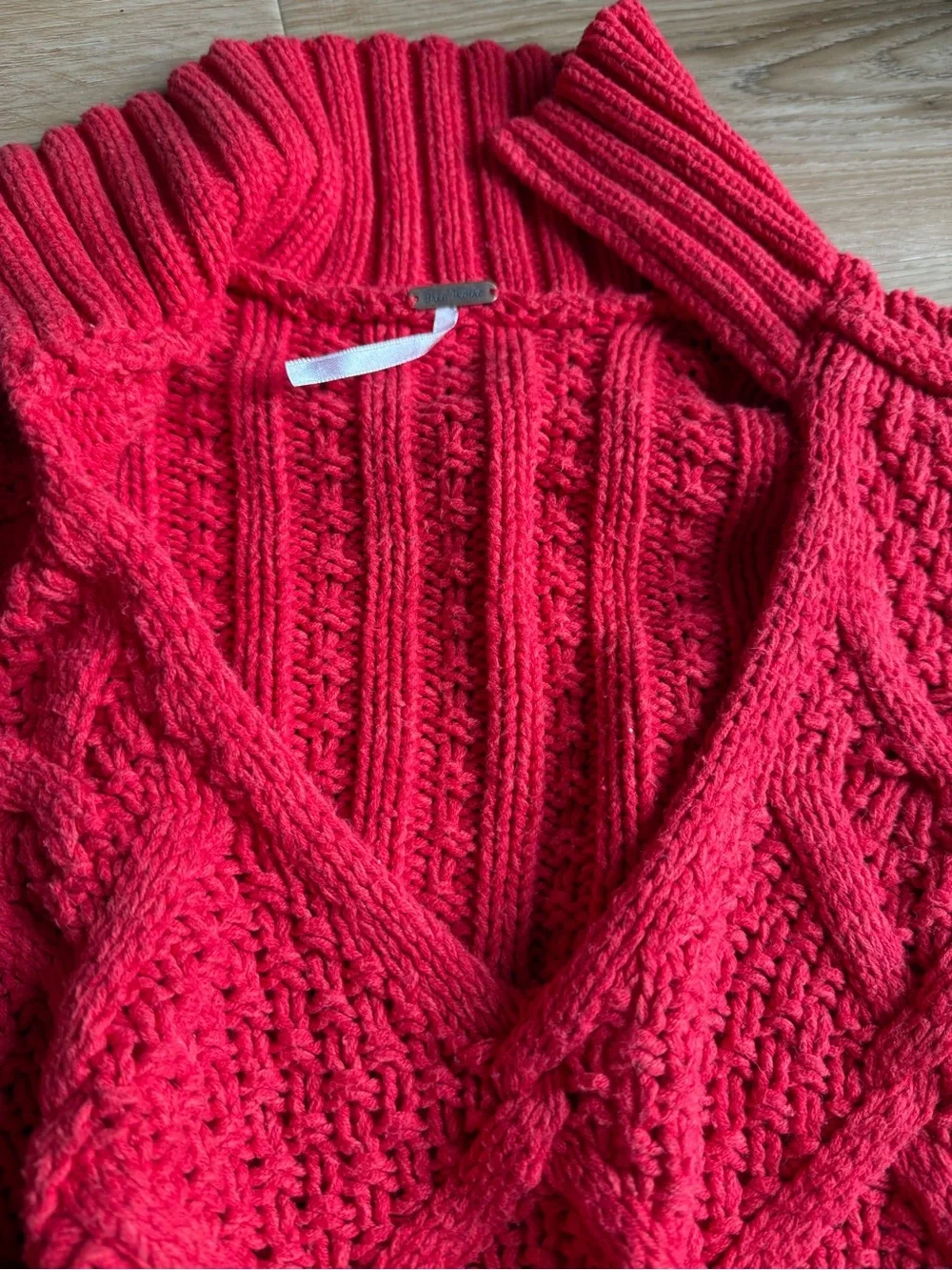 Free People Women's Red Cable Knit V-Neck Sweater